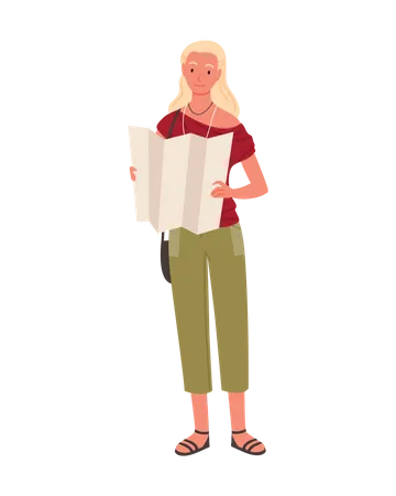 Female tourist holding map  Illustration