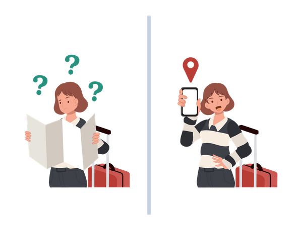 Female Tourist Holding Road Map and getting confuse VS holding mobile smart phone with mobile gps searching point  Illustration
