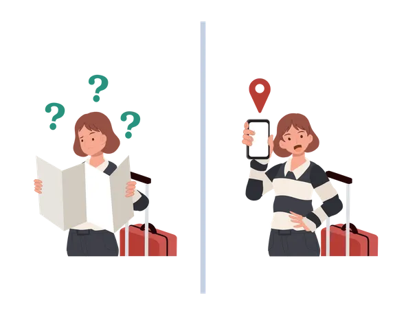 Navigational Concept Female Tourist Holding Road Map And Getting Confuse VS Holding Mobile Smart Phone With Mobile Gps Searching Point Illustration