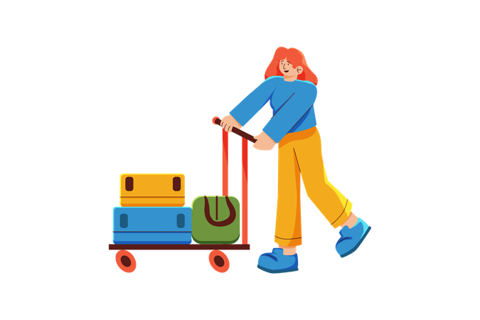 Female tourist pushing luggage trolley  Illustration