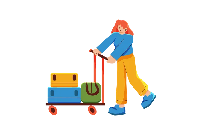 Female tourist pushing luggage trolley  Illustration