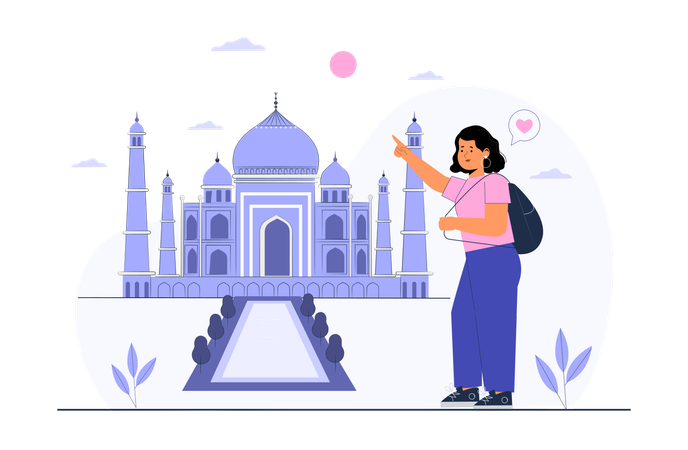 Female tourist showing Taj Mahal  Illustration