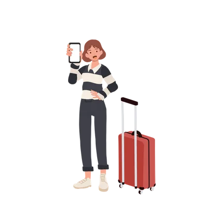Travel Concept Femle Tourist Showing Wi Fi Icon On Her Smartphone Free Wi Fi Area At Airport Flat Vector Illustration 일러스트레이션