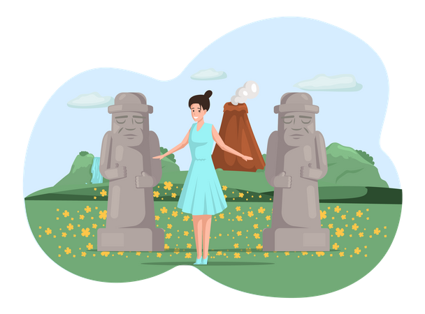 Female tourist stands near large statues  Illustration