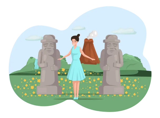 Woman Stands Near Large Statues Stone Idols In Nature Landscape In Mountaines Traveler Enjoy Famous Landmark In Beautiful Island In Summer Vacation Tourist Attraction Of Wonderful Place Of Visit Illustration