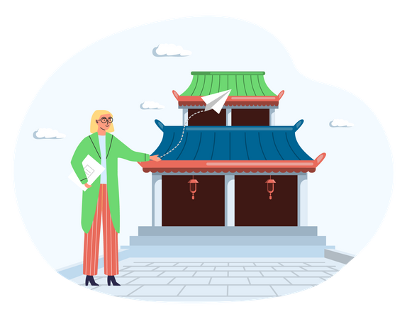 Female tourist stands next to wooden temple Illustration