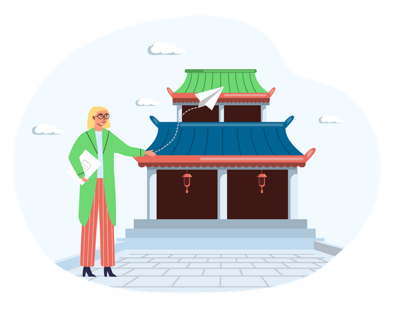 Female tourist stands next to wooden temple  Illustration