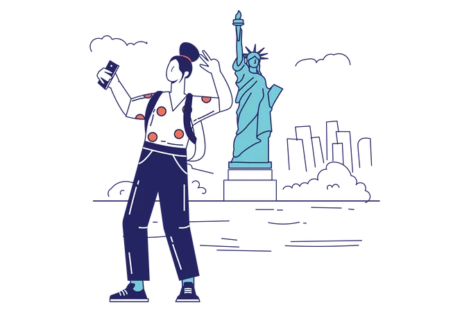 People In Travel Concept In Flat Line Design For Web Banner Woman Tourist Takes Selfie With Statue Of Liberty Resting On Vacation Modern People Scene Vector Illustration In Outline Graphic Style Illustration