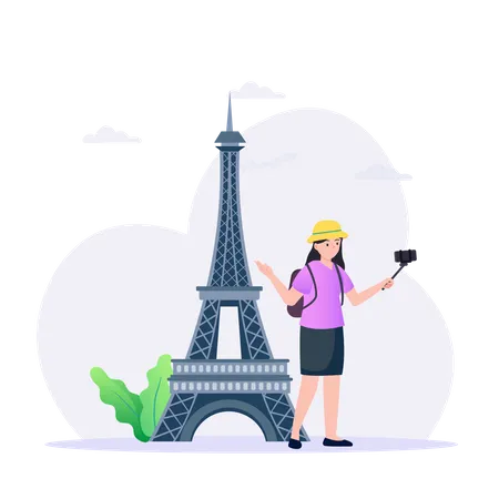 Female Tourist Taking Selfie At Eiffel Tower  Illustration