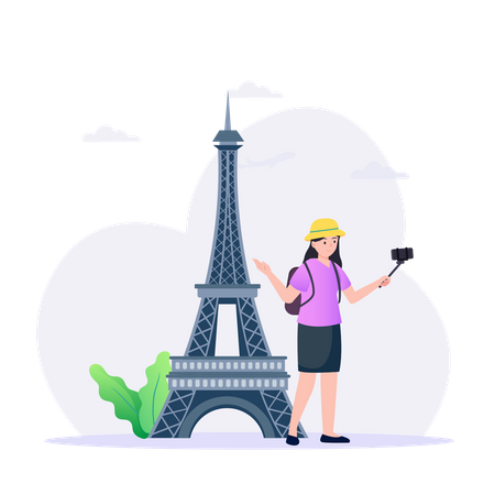 Female Tourist Taking Selfie At Eiffel Tower  Illustration