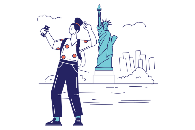 Female tourist taking selfie  Illustration
