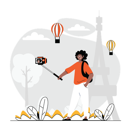 Female tourist taking selfie using selfie stick  Illustration