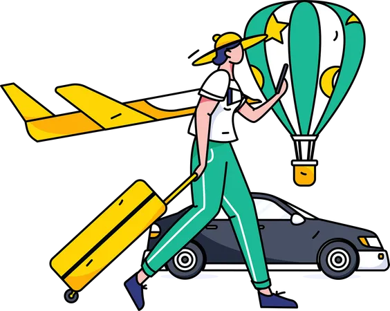 Female tourist taking taxi  Illustration