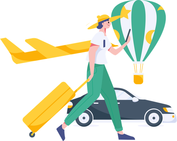 Female tourist taking taxi  Illustration