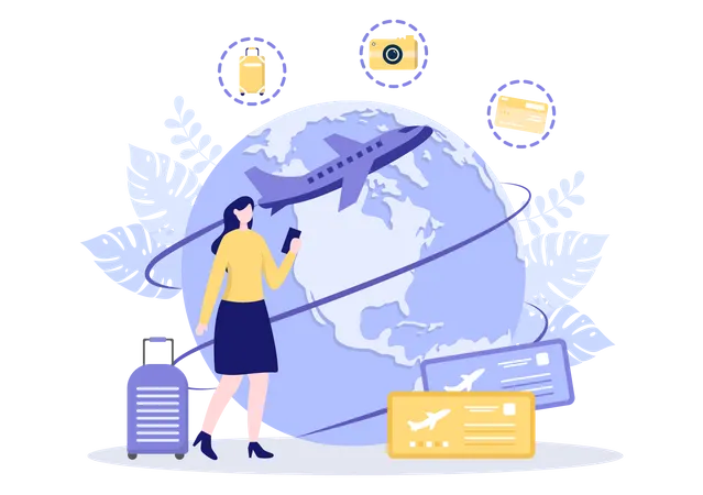 Female tourist travelling around the world through flight  Illustration