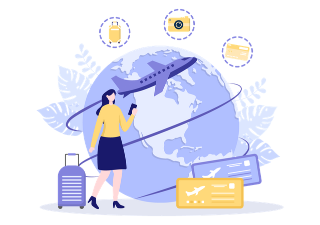 Female tourist travelling around the world through flight  Illustration