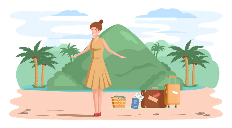 Woman In Journey Through Tropical Island With Palm Trees And Mountaines Summer Vacation Tourism Leisure Traveling By Landmarks In Mountain Female Tourist Travels Looks At Natural Landscape Illustration