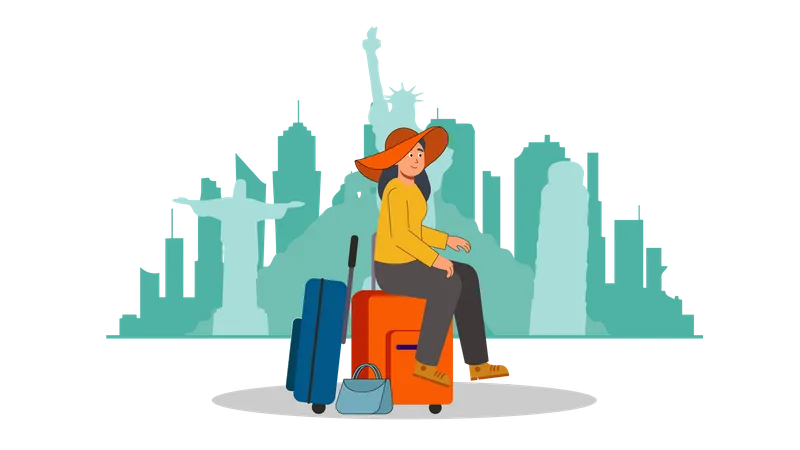 Female tourist waiting at travel location  Illustration