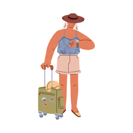 Woman In Summer Clothes Standing With Suitcase And Watching On Clock Flat Style Vector Illustration Isolated Waiting Character Decorative Design Element Holiday Travel Illustration