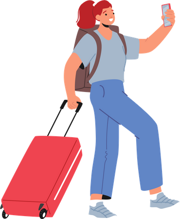 Female Tourist Walking With Bag And Smartphone Illustration
