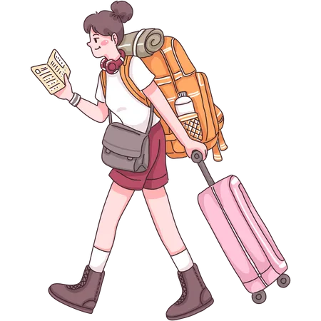 Female tourist walking with suitcase Illustration