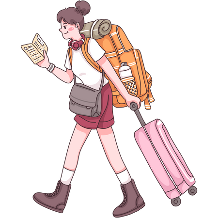 Female tourist walking with suitcase  Illustration