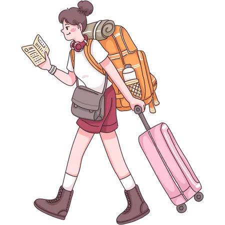 Female tourist walking with suitcase  Illustration