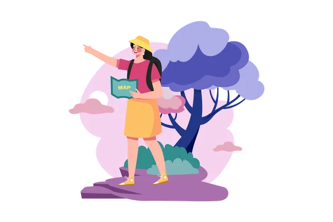 Female tourist with a backpack is experiencing the trip Illustration