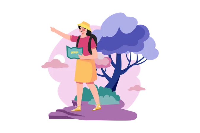 Female tourist with a backpack is experiencing the trip  Illustration