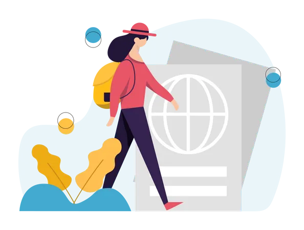 Female tourist with backpack and passport  Illustration