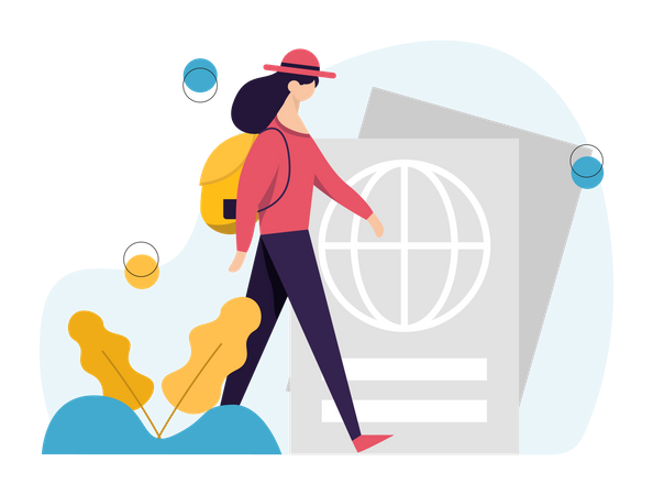 Female tourist with backpack and passport  Illustration