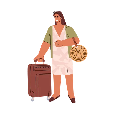 Happy Woman Standing With Suitcase Flat Style Vector Illustration Isolated Start Of Holiday Journey Or Travel Emotional Character Decorative Design Element Illustration