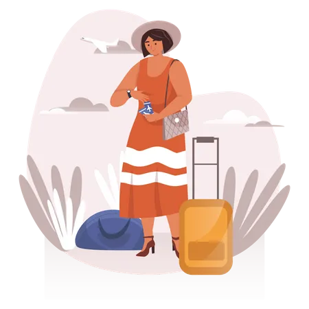 Female tourist with luggage and ticket Illustration