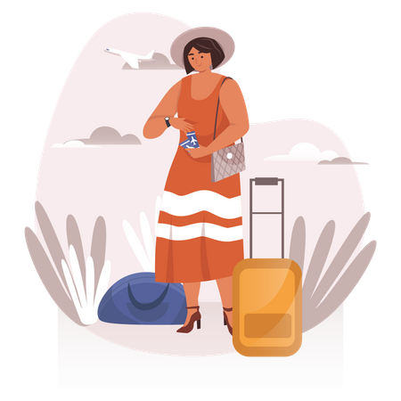 Female tourist with luggage and ticket  Illustration