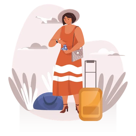 Female tourist with luggage and ticket  Illustration