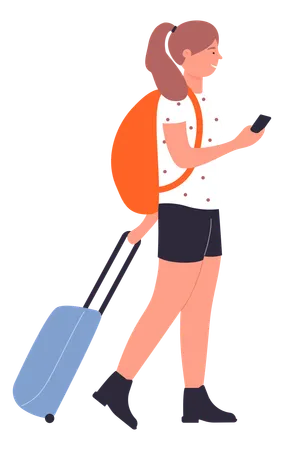 Female tourist with luggage and using mobile  Illustration