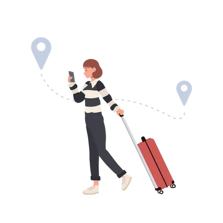 Female Tourists with luggage holding mobile smart phone with mobile gps searching point  Illustration