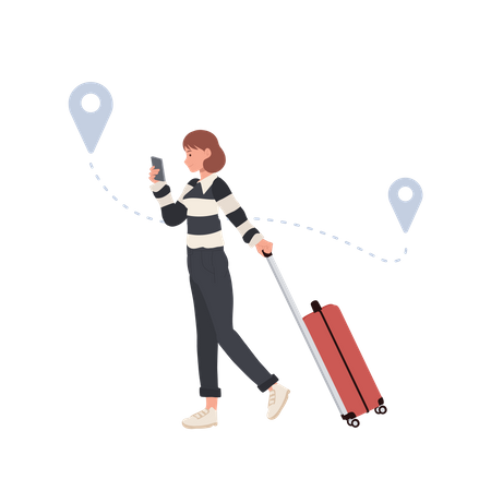Female Tourists with luggage holding mobile smart phone with mobile gps searching point  Illustration