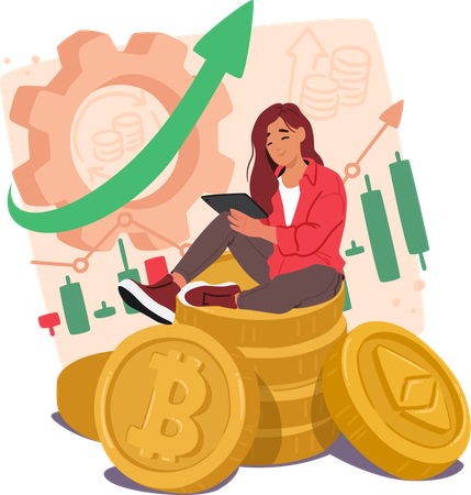 Female trader engages in buying and selling crypto assets  Illustration