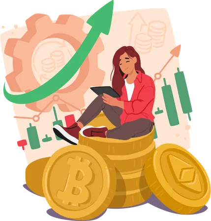 Female trader engages in buying and selling crypto assets  Illustration