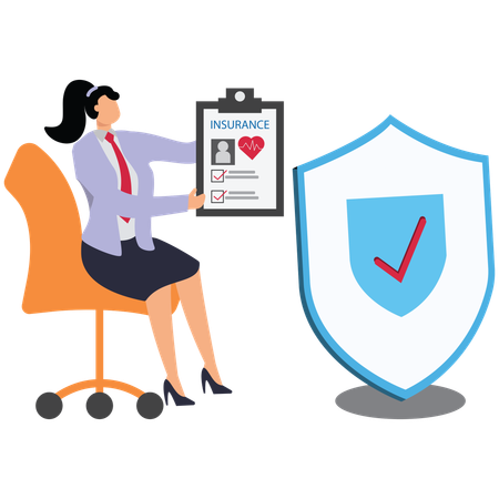 Female trader holding insurance policies with both hands behind shield  Illustration