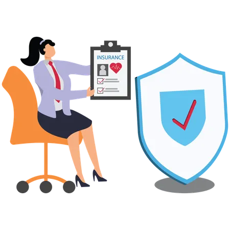 Female trader holding insurance policies with both hands behind shield  Illustration