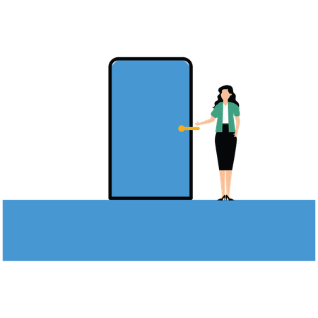 Female trader wait patiently at the open door  Illustration