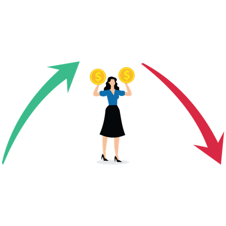 양손에 금화를 들고 위쪽 화살표와 아래쪽 화살표 사이에 서 있는 여성 상인  일러스트레이션