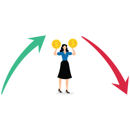 양손에 금화를 들고 위쪽 화살표와 아래쪽 화살표 사이에 서 있는 여성 상인  일러스트레이션