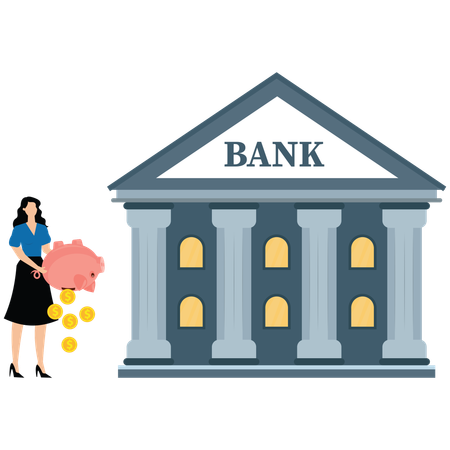 Female traders pouring gold coins from their savings pots inside bank  Illustration