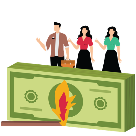 Female Traders standing behind bills about to be lit by match  Illustration