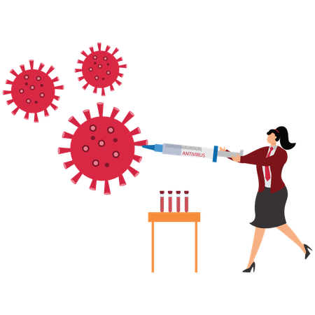 Female traders syringe to fight huge viruses  Illustration