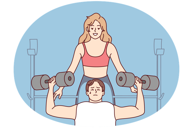 女性トレーナーがジムで男性クライアントを手助けする  イラスト