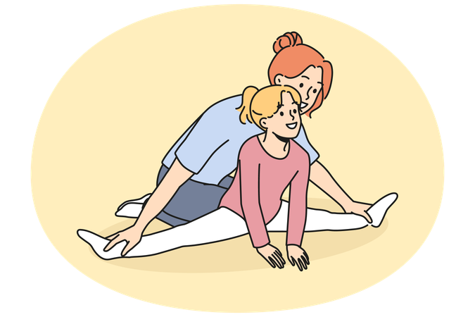 Female trainer work with little girl stretching  Illustration